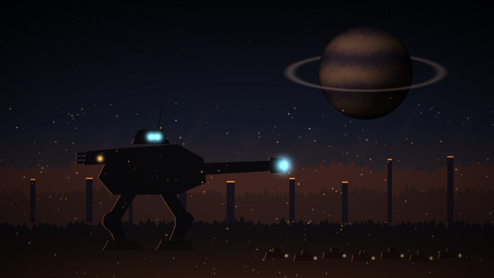 A war walker on a volcanic ridge under a ringed planet